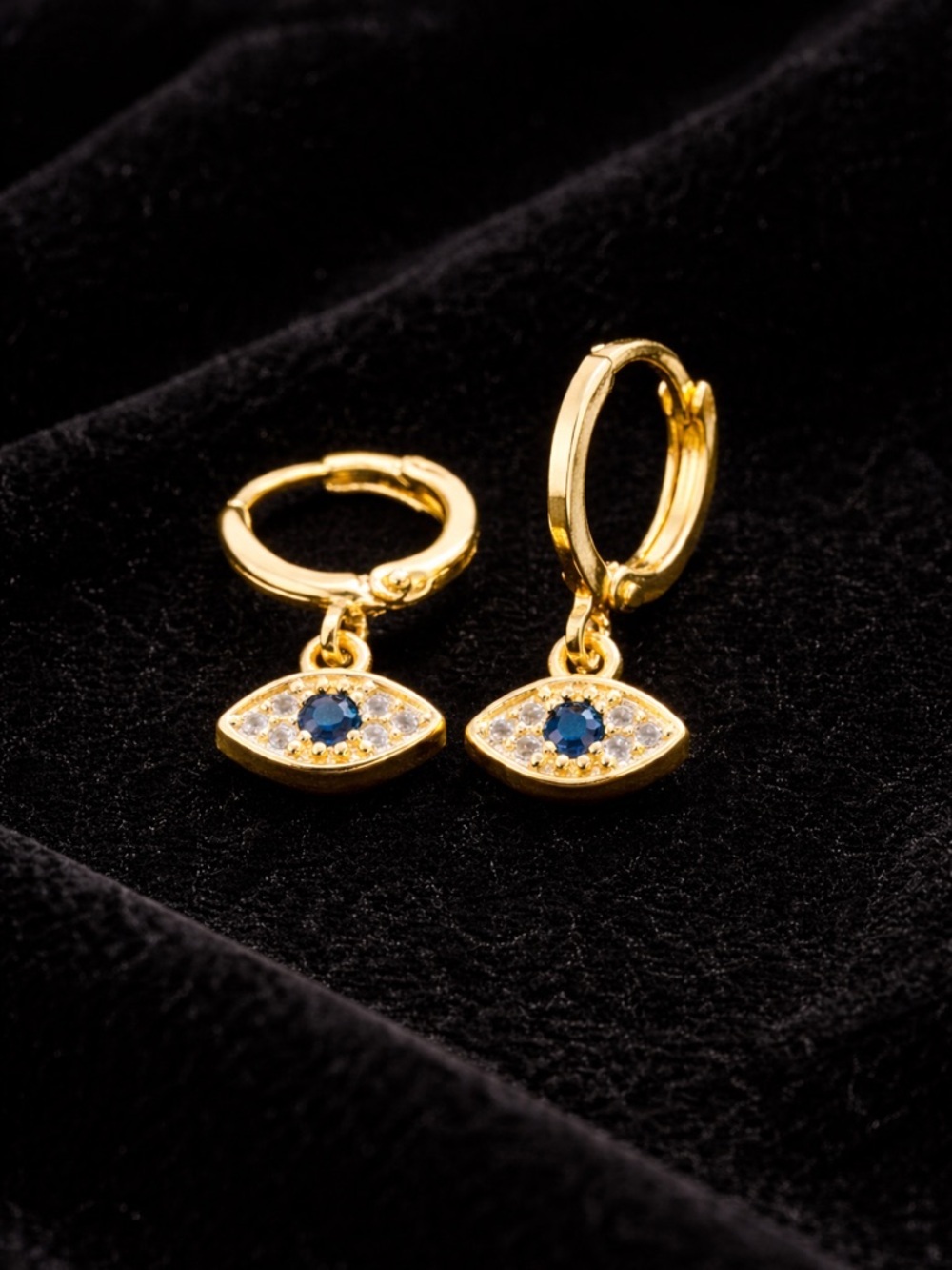 Gold Huggie Evil Eye Earrings with Blue Crystal Eye Charm